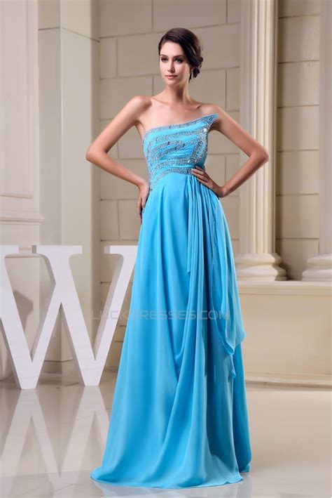 A Line Strapless Beading Long Blue Floor Length Prom Evening Formal