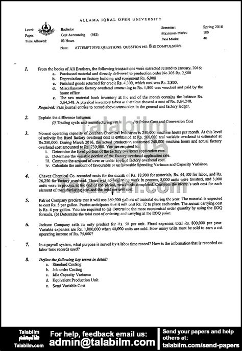 Cost Accounting Code No 462 Spring 2018 Past Papers Aiou Talabilm
