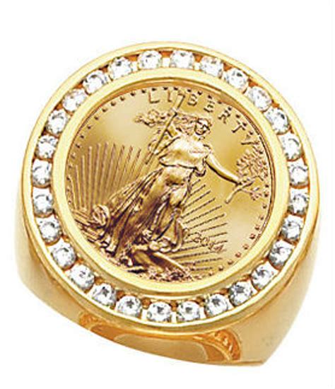 18k Gold Mens Diamond Coin Ring With A 22k 110 Oz American Eagle