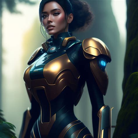 Lexica Woman Robot Against Futuristic City Deep In Thick Forest With