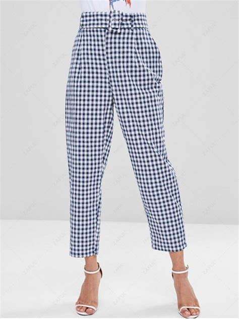 24 Off 2021 Gingham Pockets Belted High Waisted Pants In Multi Zaful