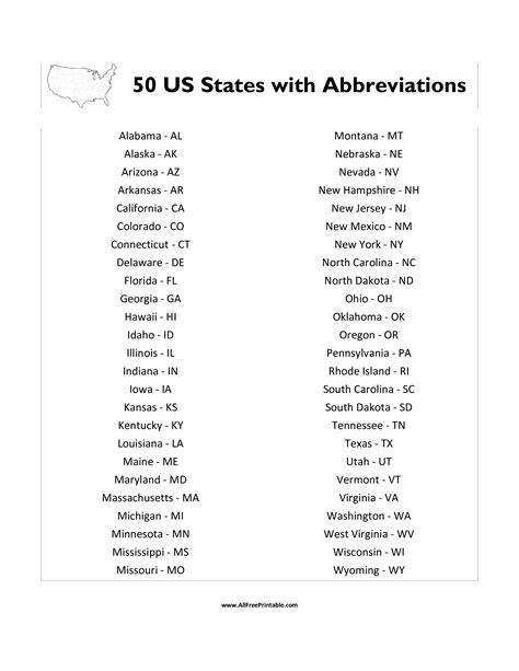 List Of State Abbreviations Printable