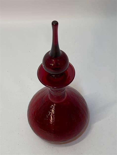 Blenko Ruby Red Crackle Glass Genie Bottle With Stopper Etsy