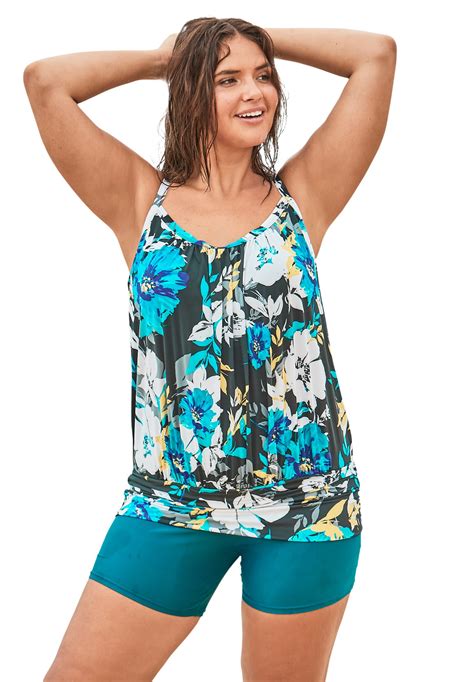 Swim 365 Womens Plus Size Blouson Tankini Top With Shirring
