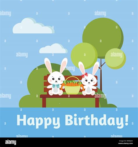 Happy Birthday Greeting Card With Boy And Girl Sweet Bunny Rabbits