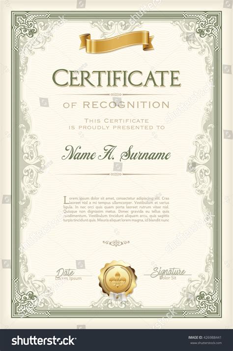 Certificate Recognition Vintage Frame Gold Ribbon Stock Vector Royalty