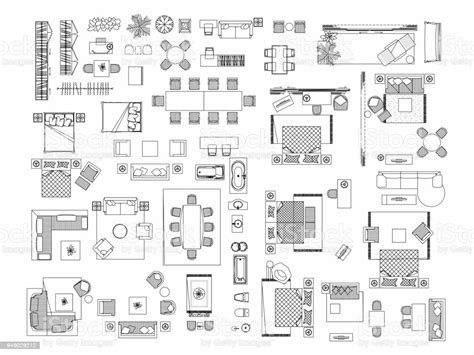 Top View Of Set Furniture Elements Outline Symbol For