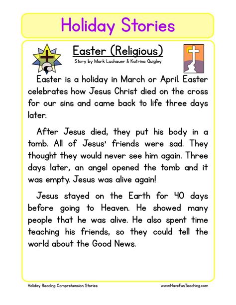 Reading Comprehension Worksheet Easter Religious