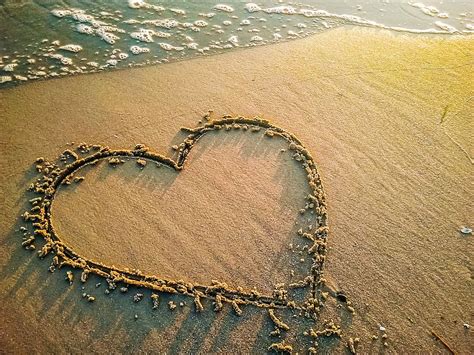 Heart Sand Art Seashore Heart Love Beach Sand Sea Wave Water