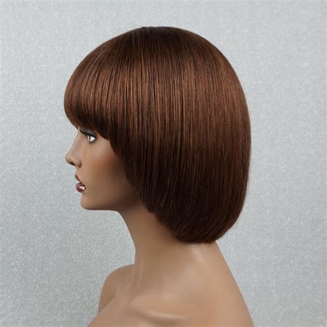 100 human hair bob wig with bangs dark brown wigs for women etsy