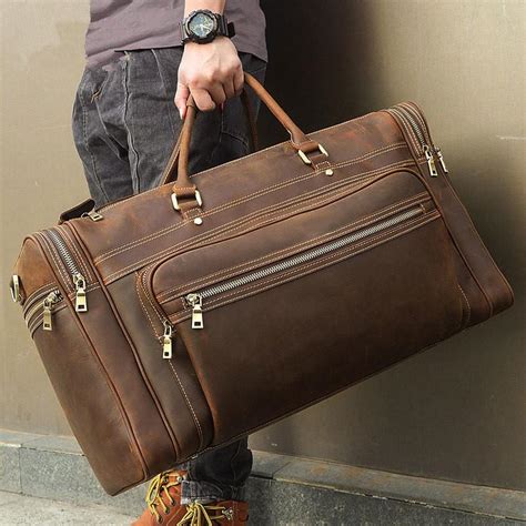 Vintage Large Leather Mens Overnight Bag Brown Travel Bag Weekender B