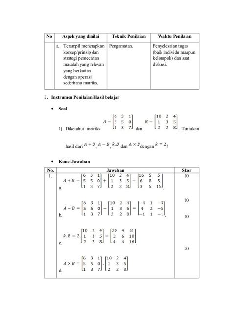 Rpp Operasi Matriks Kelas Xi Bahasa Dan Budaya