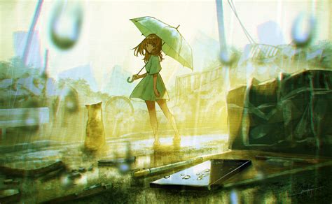 Wallpaper Anime Girls Original Characters Rain Umbrella Cats