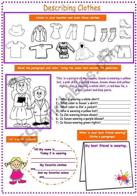 Describing Clothes 4 Skills For Kids My First Try Esl Worksheet