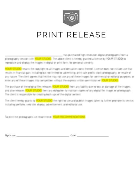 Photography Print Release Template Photographer Form Etsy