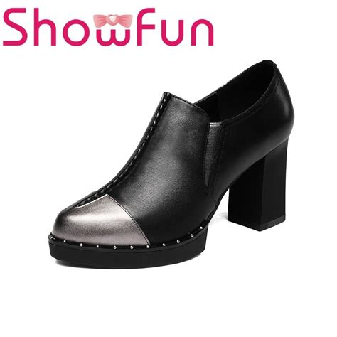 Showfun Genuine Leather Shoes Woman Dress Novelty Elastic Band Cow Muscle Rivet Square Heel