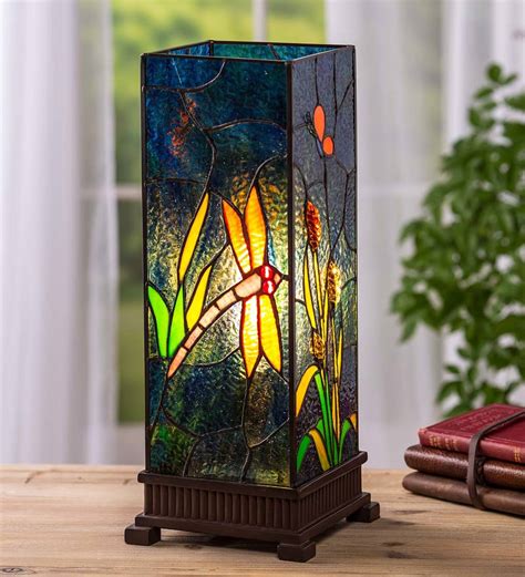 Stained Glass Dragonfly Lamp With Craftsman Style Wood Base Wind And
