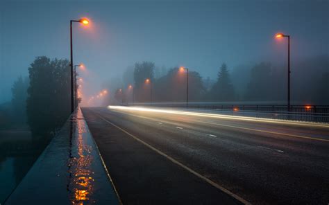 Night Street Cityscape Long Exposure Road Lights Mist Rain Wallpapers Hd Desktop And
