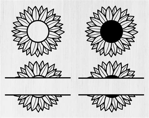 Clip Art Silhouette Or Cricut Split Sunflower Design Floral Svg Half