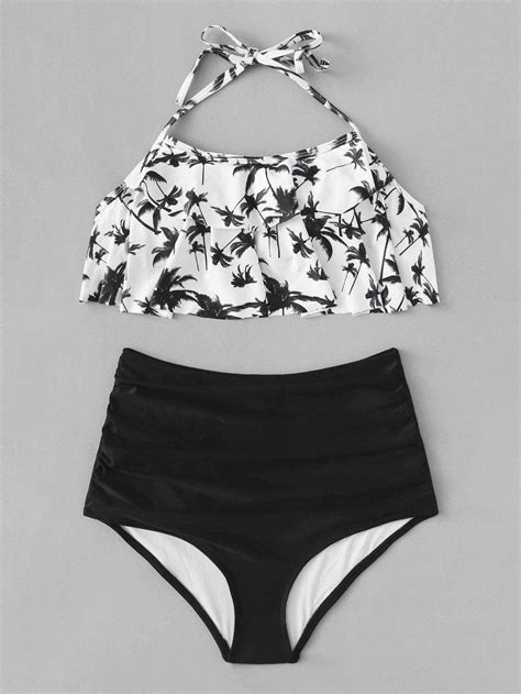 white floral flounce halter top swimsuit with black bikini bottom halter top swimsuits cute
