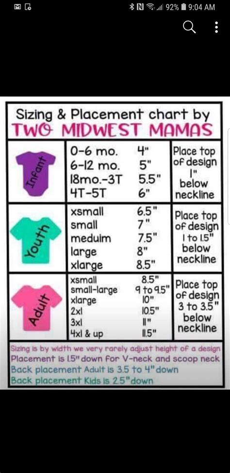 Htv Size And Placement Guide Size Chart For Kids Kids Shirts Vinyl