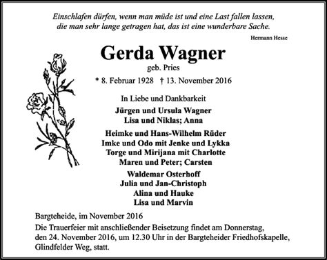 Von november 2015 bis anfang 2019 trainierte er den englischen verein huddersfield town und stieg mit diesem 2017 in die premier league auf. Gerda Wagner : Traueranzeige : Stormarner Tageblatt