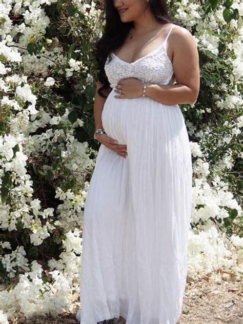 White maternity dress for photoshoot. White Patchwork Lace Draped Condole Belt Backless V-neck ...