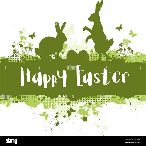 Easter Green Grunge Background With Silhouettes Of Two Rabbits Grass