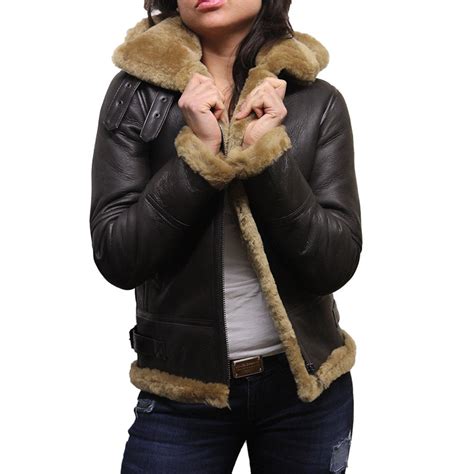 Womens Real Shearling Sheepskin Flying Aviator Leather Jacket Hooded