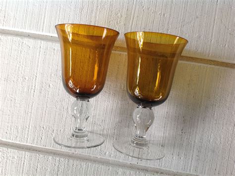 2 Amber Glass Water Goblets Vintage Large Amber Brown Gold Stemware Glasses Contemporary Water