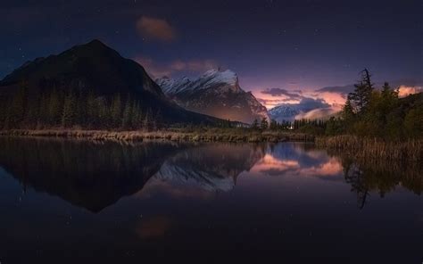 Nature Landscape Starry Night Lake Mountain Reflection Forest Snowy Peak Banff National