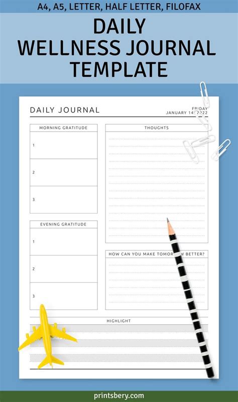Daily Wellness Journal Template Journal Template Planner Template
