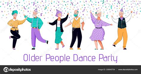 Old People Dance Party Flat Banner With Cartoon Senior Couples