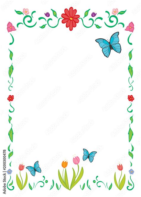 Border Frame Of Spring Flowers And Butterflies Stock Vector Adobe Stock