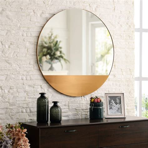Motini 32 Inch Round Decorative Wall Mirror Large Modern Brushed Brass Metal Frame