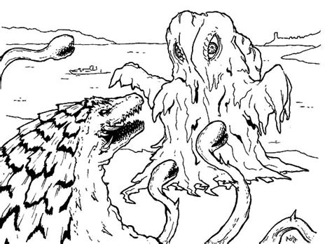 I don't think he looks too scary, though. Godzilla Facing Sea Monster Coloring Pages : Color Luna