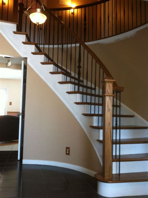Dark Treads With White Risers Metal Spindles Square Wood Posts