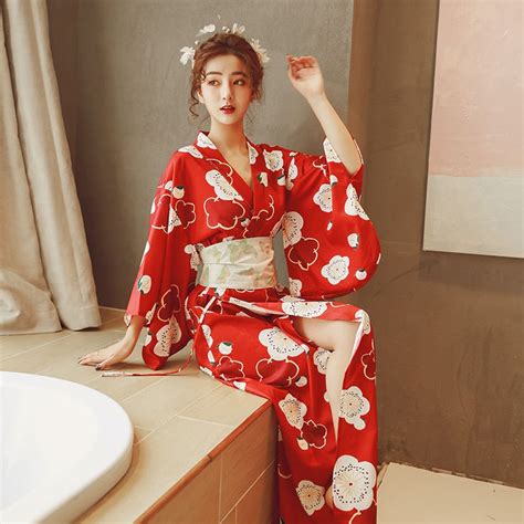 Japanese Girl Geisha Clothing Woman Kimono Dress Split Sakura Print V