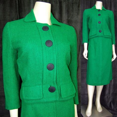 Vintage 1950s Pencil Skirt Suit Green Wool Jackie Kennedy