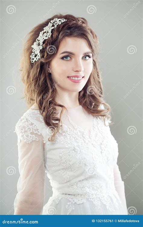 Smiling Bride Girl Cute Bride With Makeup And Bridal Hair Stock Image