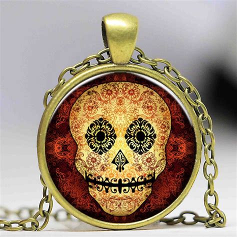 Vintage Skull Pendant Necklace Glass Cabochon Dome Necklaces Pendants