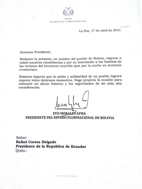 Carta De Condolencias Que Envió El Presidente Evoespueblo Al