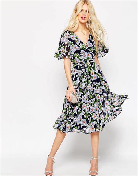 Asos Synthetic Pleated Wrap Midi Dress In Floral Print Multi In Black