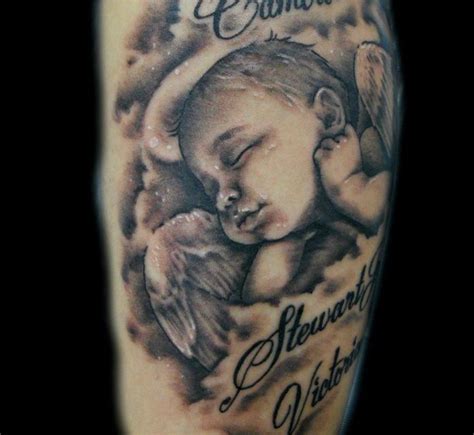 Memrial Baby Angel Tattoo With Child Face Baby Angel Tattoo Baby
