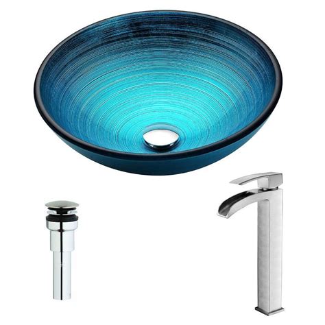 Anzzi Enti Series Deco Glass Vessel Sink In Lustrous Blue With Key