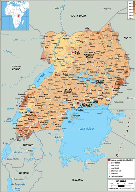 Large Size Physical Map Of Uganda Worldometer