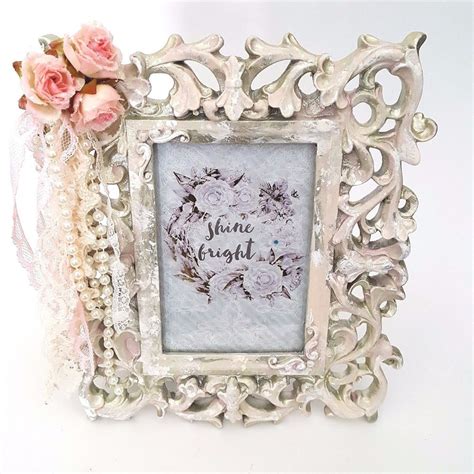 Elegant French Vintage Style Picture Frame With Roses Lace And Pearls