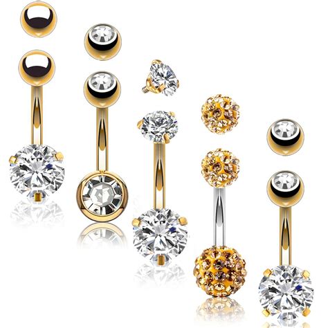 5pc Belly Button Rings 14g Stainless Steel Cz Girl Women Navel 5 Repla Bodyj4you