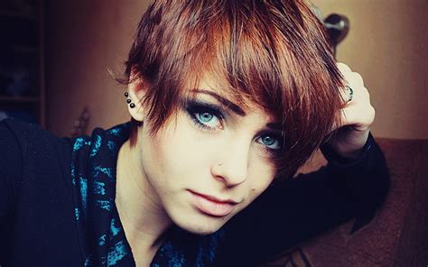 Blue Eyes Face Lana Branishti Piercing Redhead Short Hair Women