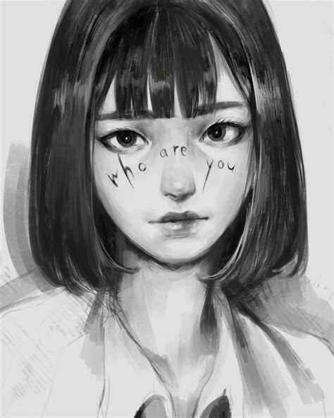 Wataboku Original Highres 1girl Blunt Bangs Bob Cut Body Writing